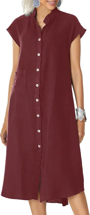 ebossy Women's Oversized Cotton Linen Dress Stand Collar Button Down Casual Shirt Dress with Pocket
