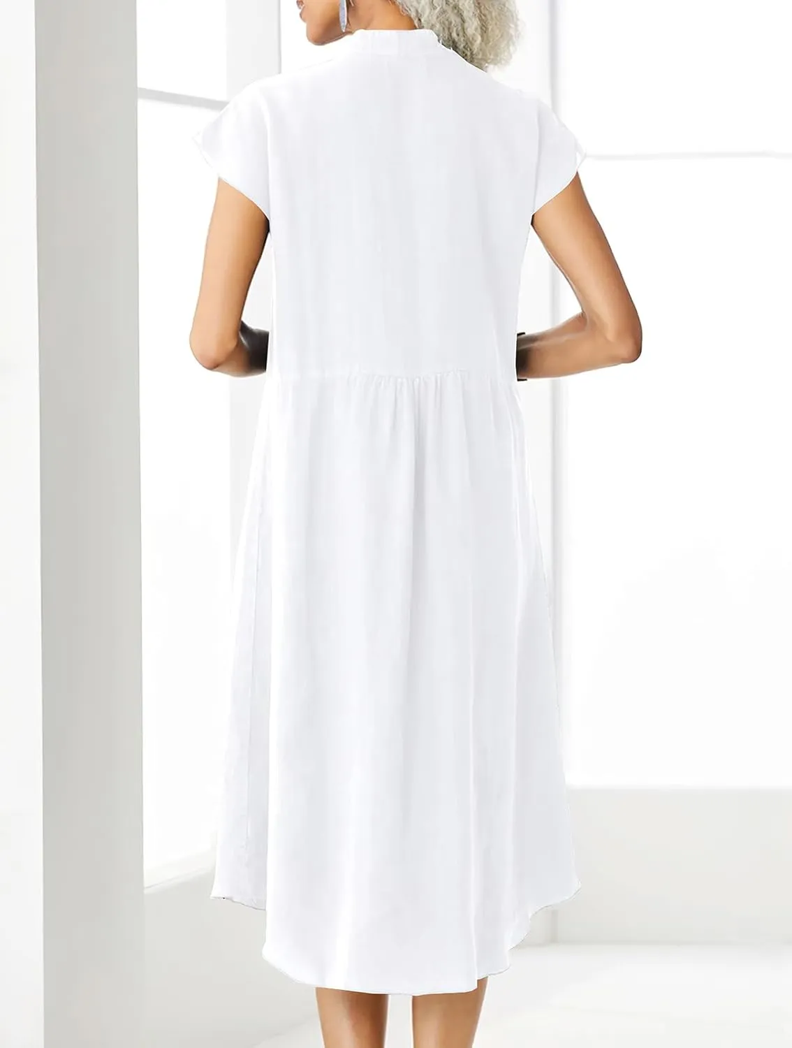 ebossy Women's Oversized Cotton Linen Dress Stand Collar Button Down Casual Shirt Dress with Pocket