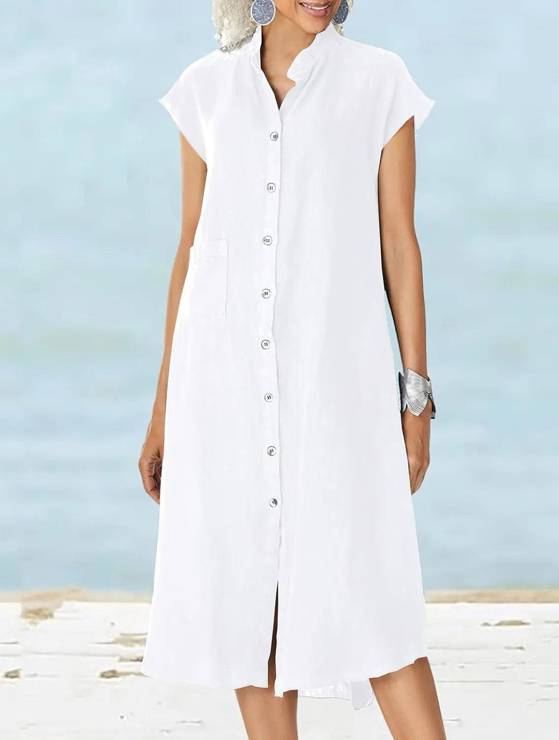 ebossy Women's Oversized Cotton Linen Dress Stand Collar Button Down Casual Shirt Dress with Pocket