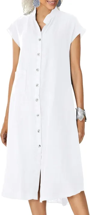 ebossy Women's Oversized Cotton Linen Dress Stand Collar Button Down Casual Shirt Dress with Pocket