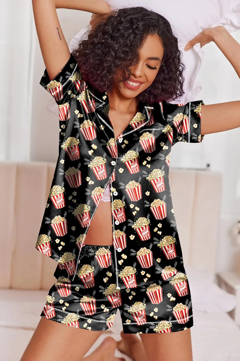 Ekouaer Womens Satin Silk Pajamas Set Short Sleeve Sleepwear Button Down Top and Shorts Loungewear 2 Piece Pjs Set S-XXL