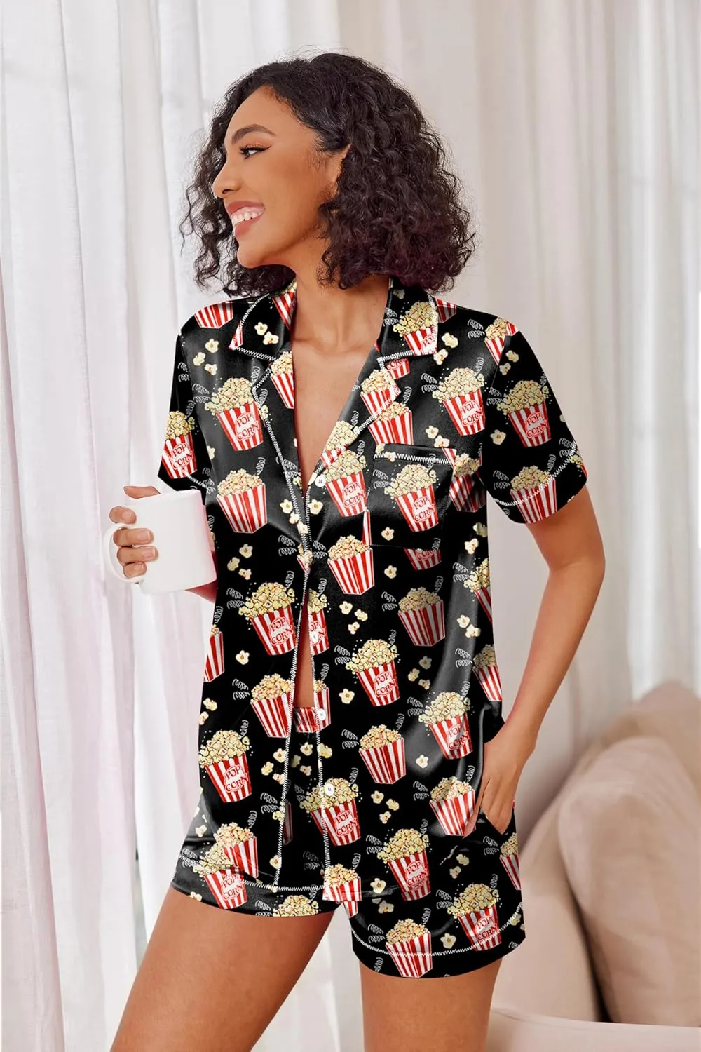 Ekouaer Womens Satin Silk Pajamas Set Short Sleeve Sleepwear Button Down Top and Shorts Loungewear 2 Piece Pjs Set S-XXL