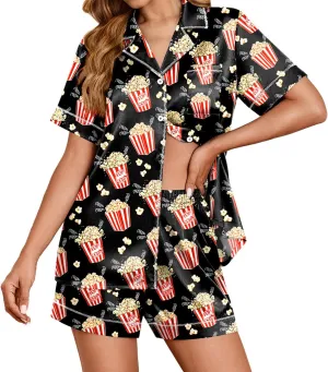 Ekouaer Womens Satin Silk Pajamas Set Short Sleeve Sleepwear Button Down Top and Shorts Loungewear 2 Piece Pjs Set S-XXL