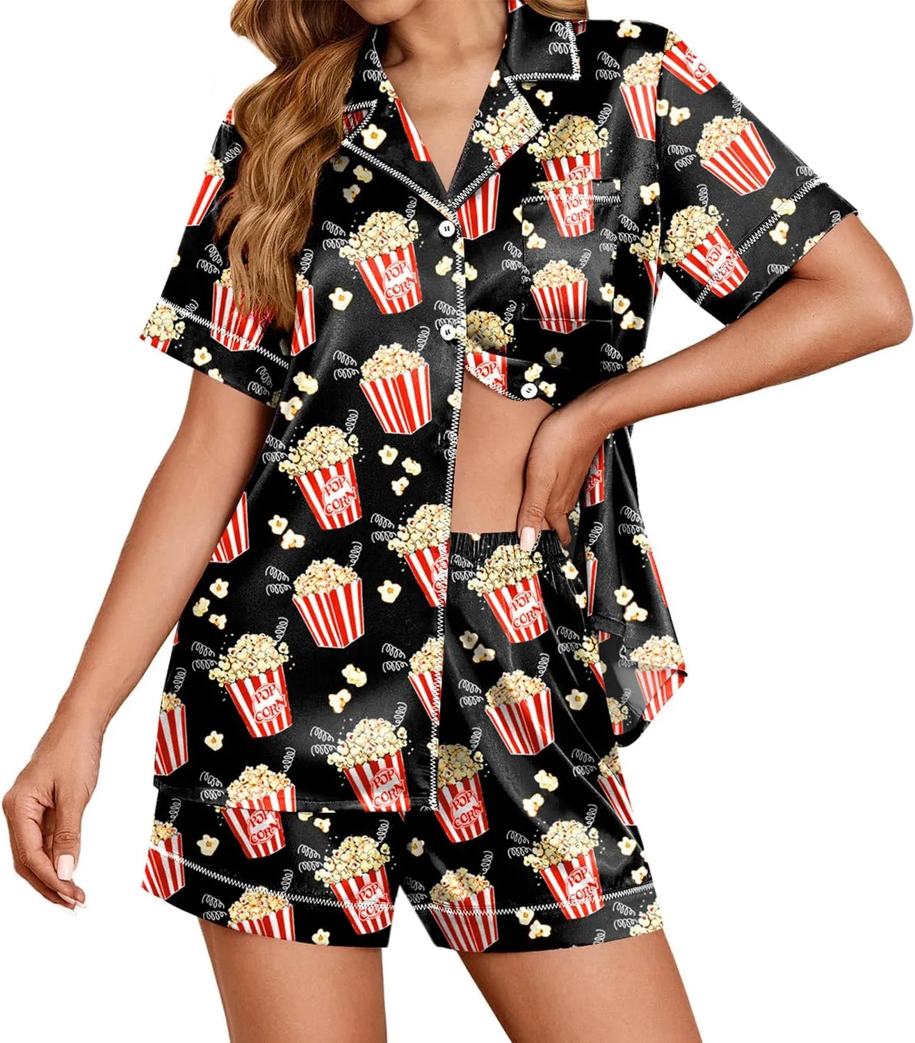 Ekouaer Womens Satin Silk Pajamas Set Short Sleeve Sleepwear Button Down Top and Shorts Loungewear 2 Piece Pjs Set S-XXL