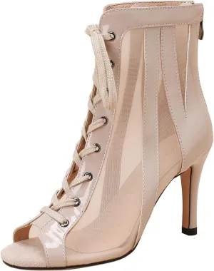 Elbslutt Women's Peep Toe Mesh Ankle Boots Stilettos Lace Up Summer Booties High Heeled Sandals Dress Boots