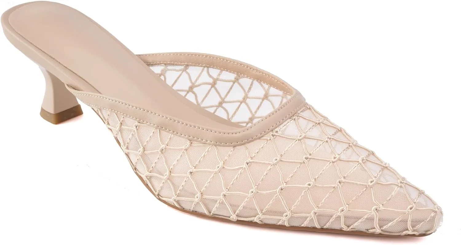 Elegant Women's Kitten Heel Mules with Crystal Flower Decor, Mesh Pointed Toe, and Low Heel Pumps - Stylish & Comfortable