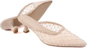 Elegant Women's Kitten Heel Mules with Crystal Flower Decor, Mesh Pointed Toe, and Low Heel Pumps - Stylish & Comfortable
