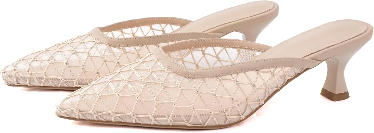 Elegant Women's Kitten Heel Mules with Crystal Flower Decor, Mesh Pointed Toe, and Low Heel Pumps - Stylish & Comfortable