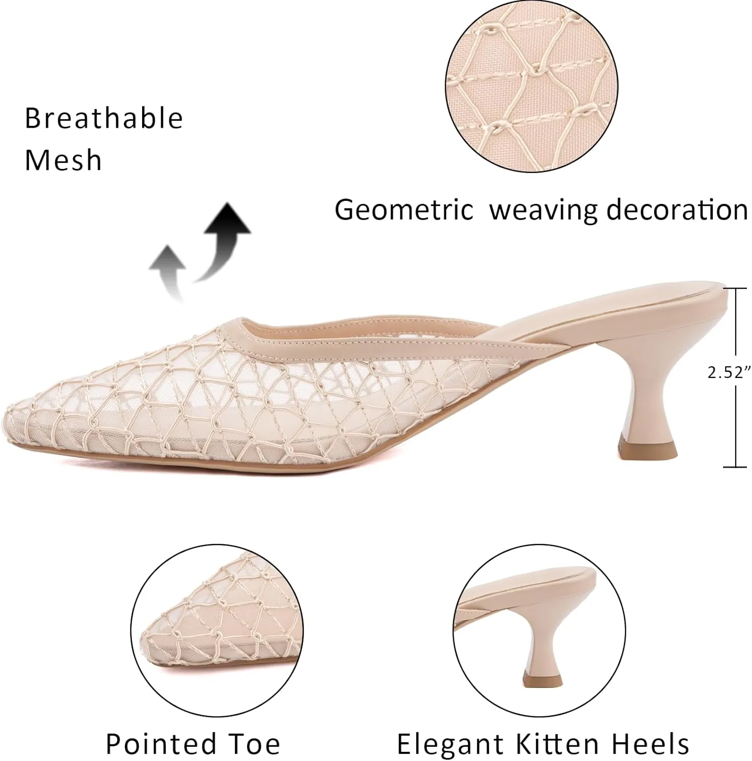 Elegant Women's Kitten Heel Mules with Crystal Flower Decor, Mesh Pointed Toe, and Low Heel Pumps - Stylish & Comfortable