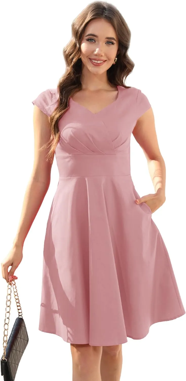 Ellames Women's 1950s Retro Vintage Dresses Elegant 2025 Cocktail Party Dress Cap Sleeve Dress with Pocket