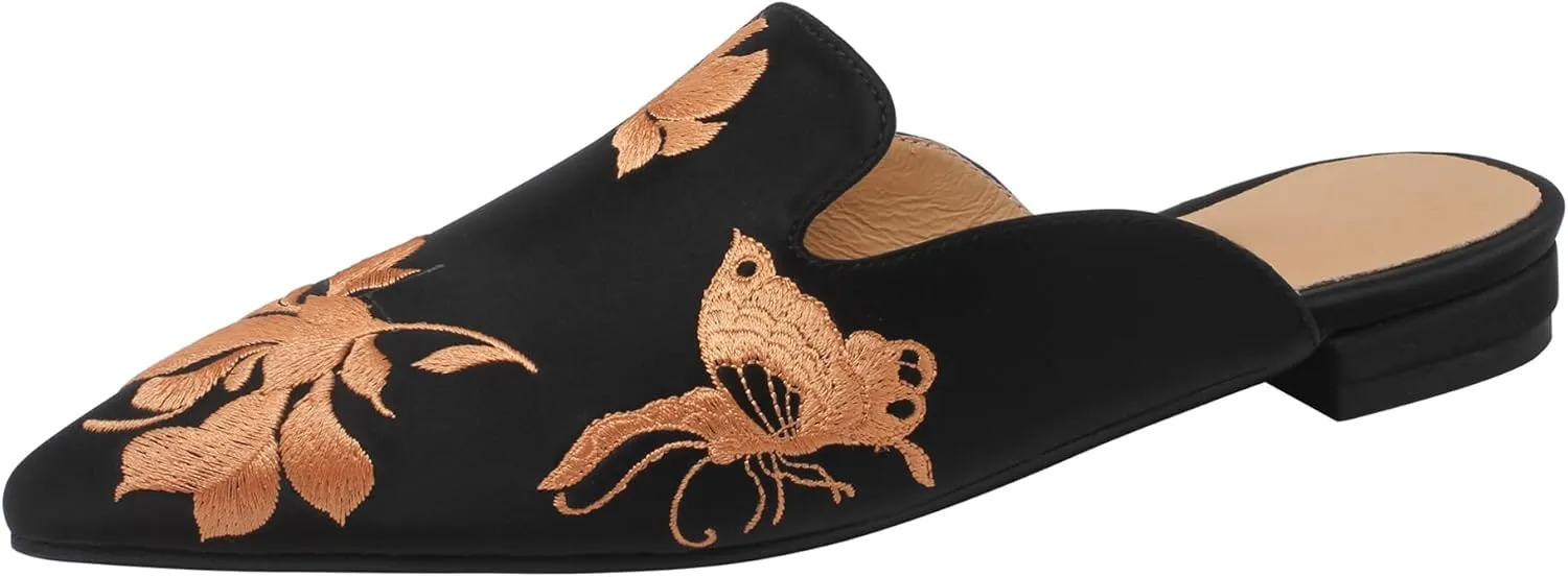 Embroidered Mules for Women Pointed Toe Flat Slides with Butterfly and Floral Design