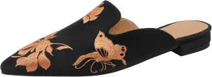Embroidered Mules for Women Pointed Toe Flat Slides with Butterfly and Floral Design