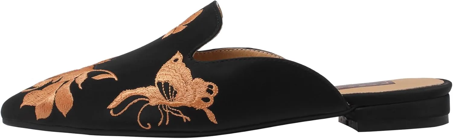 Embroidered Mules for Women Pointed Toe Flat Slides with Butterfly and Floral Design