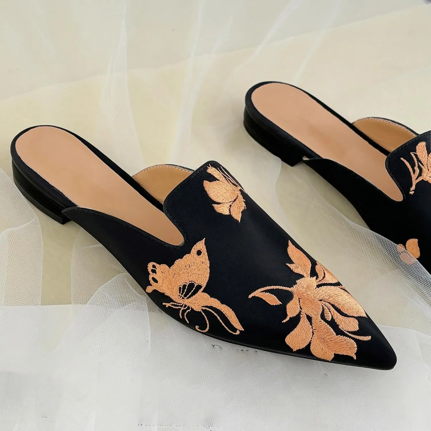 Embroidered Mules for Women Pointed Toe Flat Slides with Butterfly and Floral Design