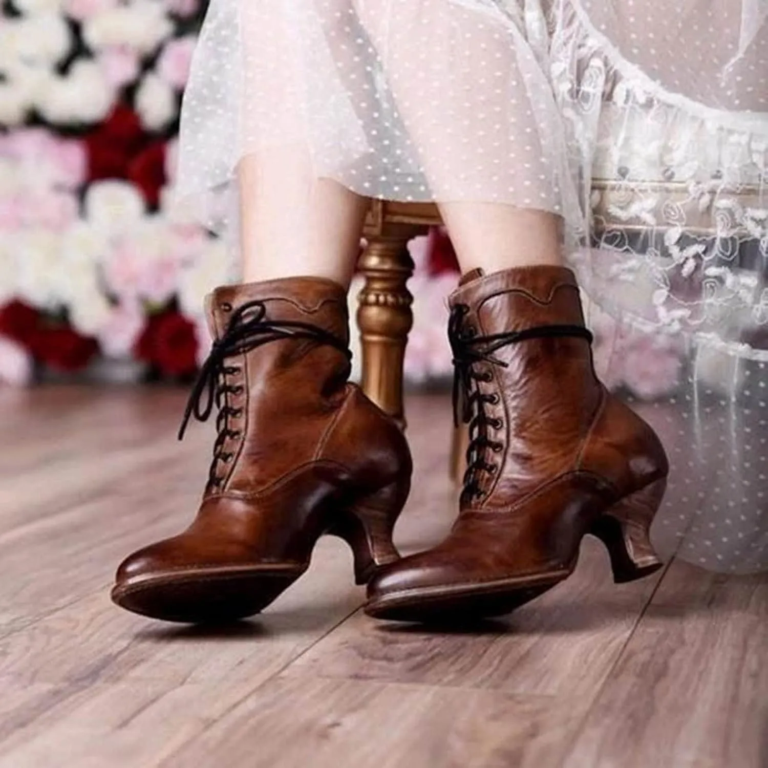 Erocalli Women Wedding Bridal Boots Victorian Boots Renaissance Boots Goth Witch Stuff Boots Lace Up Satin Lace Mid Calf Boot Tango Latin Ballroom Dance Evening Wedding Shoes