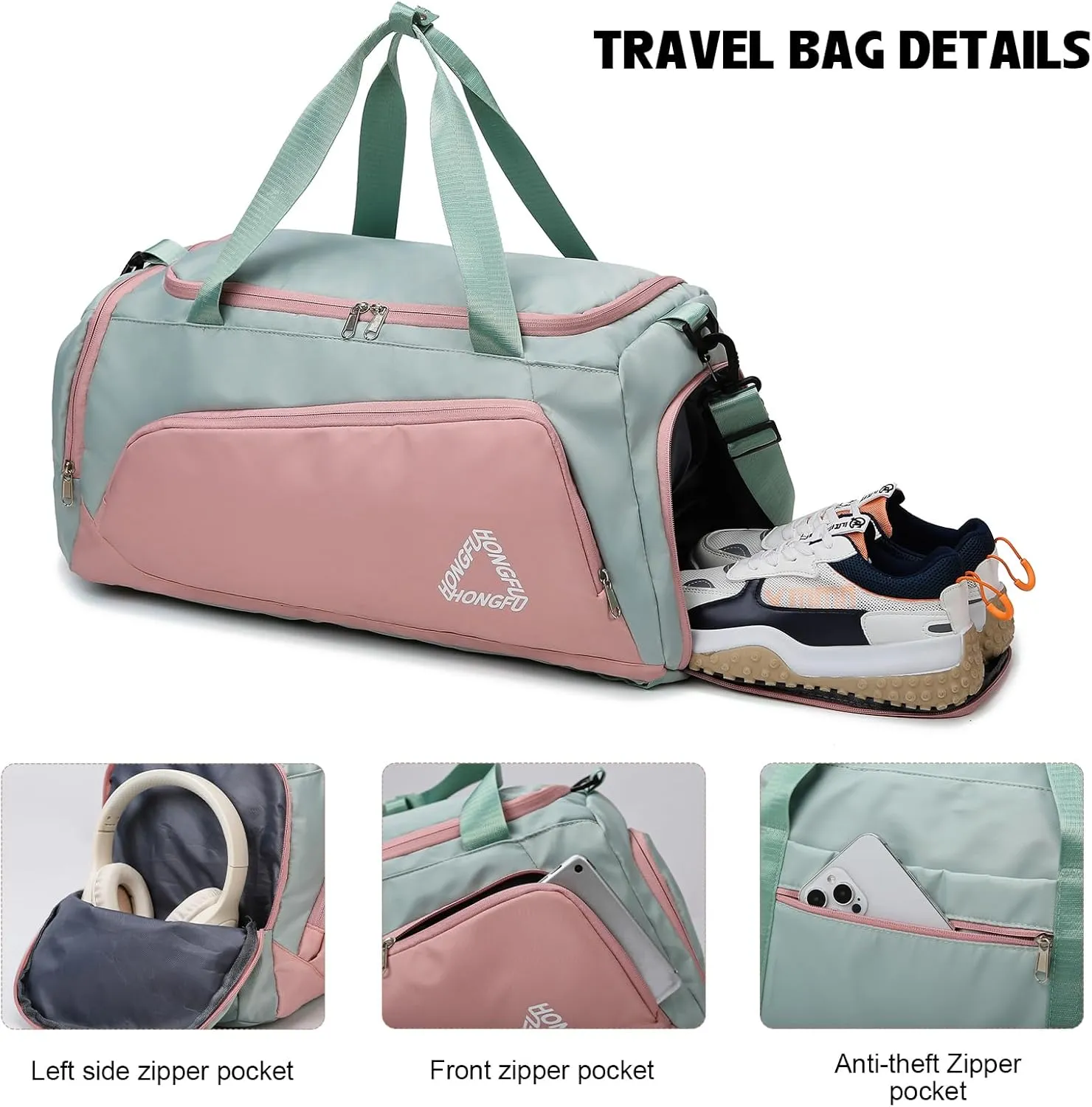 Eslcorri Gym Duffle Bag for Women Men, Sports Backpack with Wet & Shoe Compartment, Fitness Overnight Weekender Bag for Yoga, Swim, Travel (C, GreenPink)