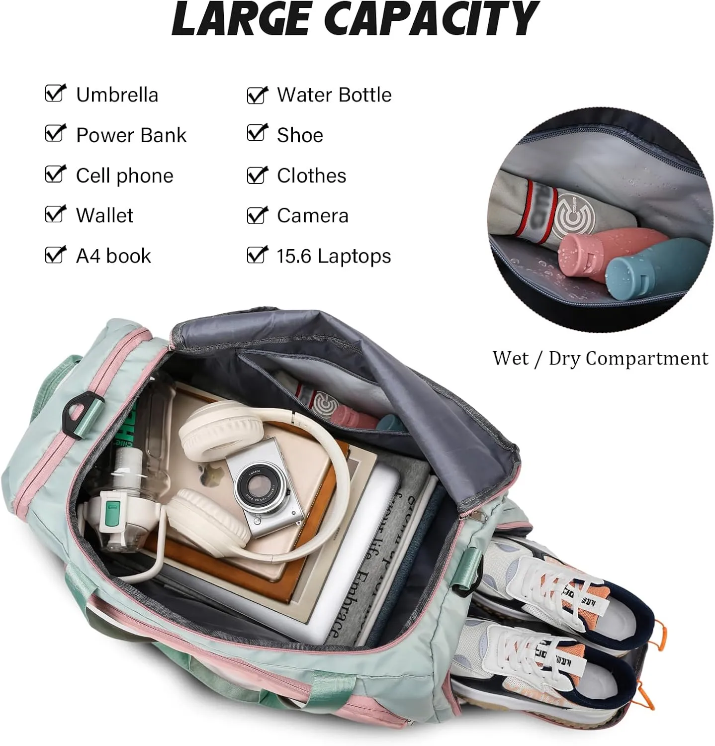 Eslcorri Gym Duffle Bag for Women Men, Sports Backpack with Wet & Shoe Compartment, Fitness Overnight Weekender Bag for Yoga, Swim, Travel (C, GreenPink)