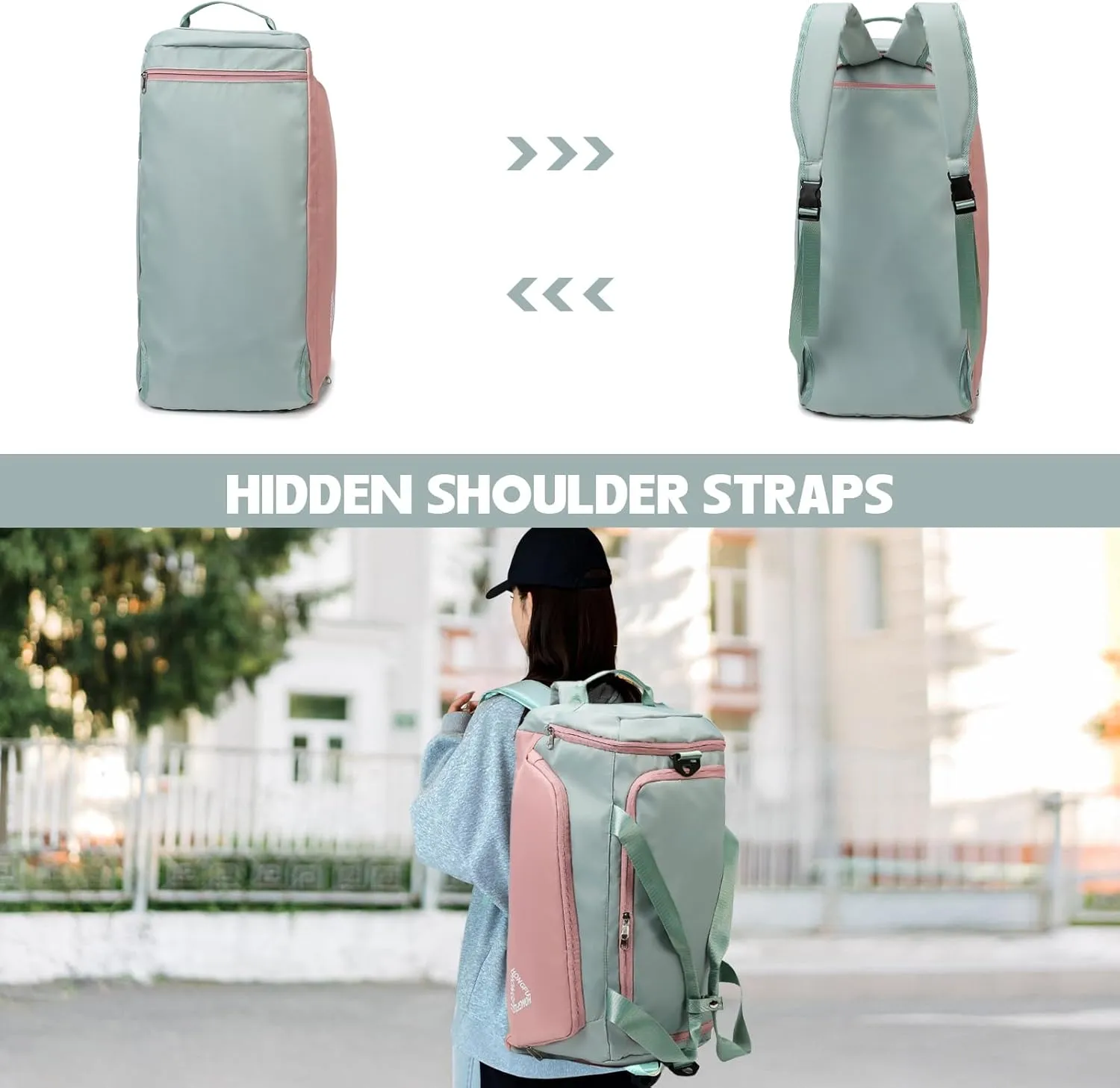Eslcorri Gym Duffle Bag for Women Men, Sports Backpack with Wet & Shoe Compartment, Fitness Overnight Weekender Bag for Yoga, Swim, Travel (C, GreenPink)