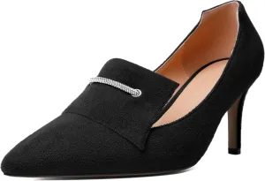 Esvowido Loafers for Women Closed Toe Kitten Heels Slip on Pumps Chain Trims with Rhinestone Comfortable Loafer Shoes 2.5 Inch