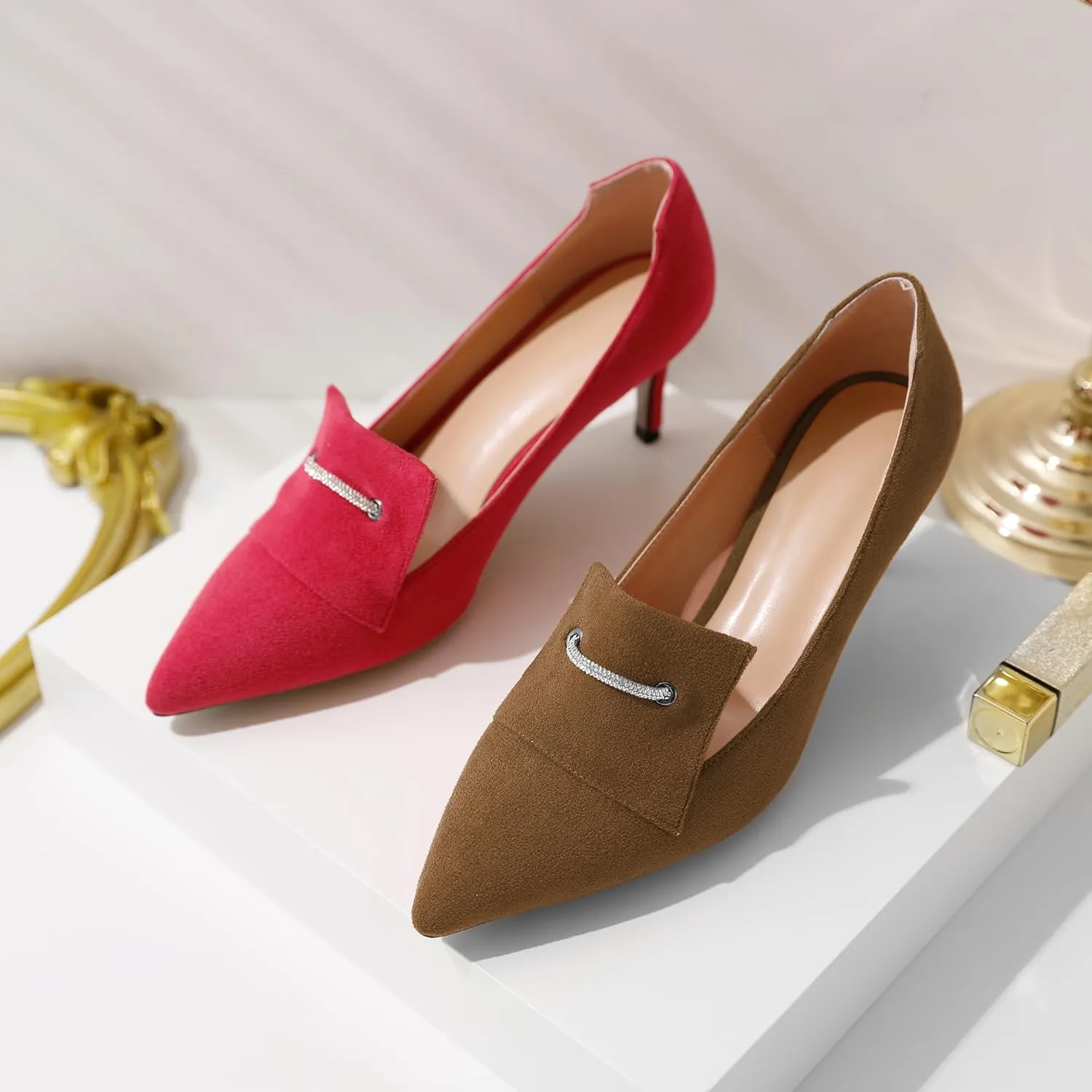 Esvowido Loafers for Women Closed Toe Kitten Heels Slip on Pumps Chain Trims with Rhinestone Comfortable Loafer Shoes 2.5 Inch
