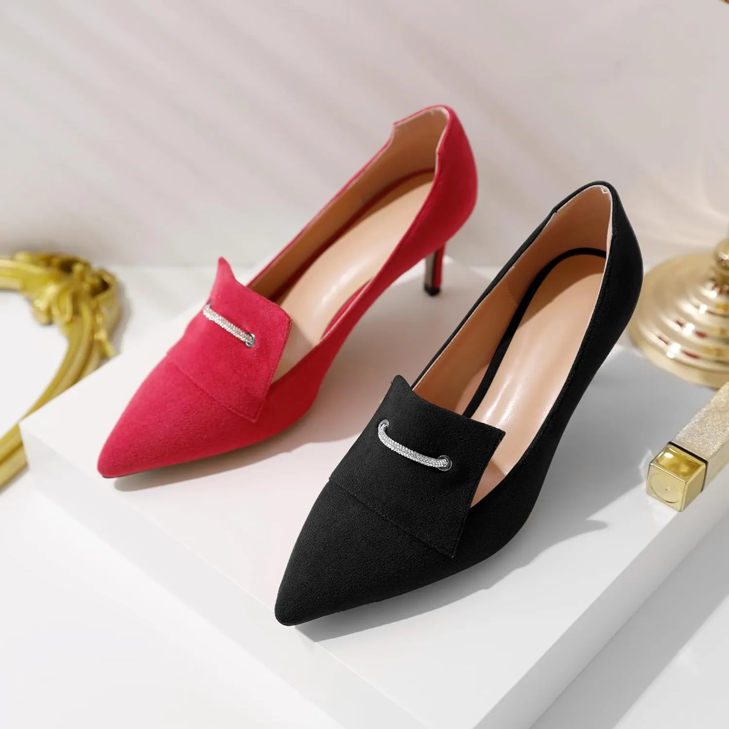 Esvowido Loafers for Women Closed Toe Kitten Heels Slip on Pumps Chain Trims with Rhinestone Comfortable Loafer Shoes 2.5 Inch