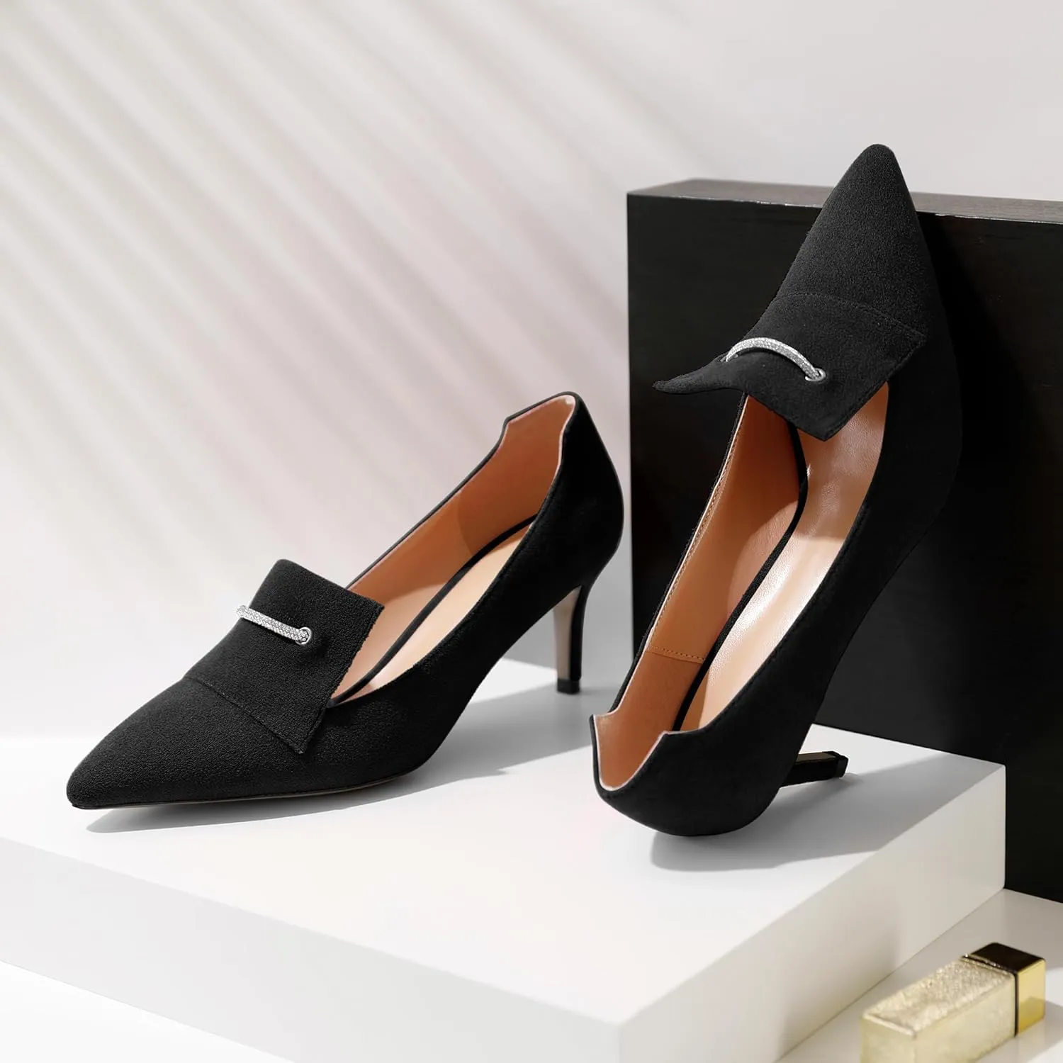 Esvowido Loafers for Women Closed Toe Kitten Heels Slip on Pumps Chain Trims with Rhinestone Comfortable Loafer Shoes 2.5 Inch