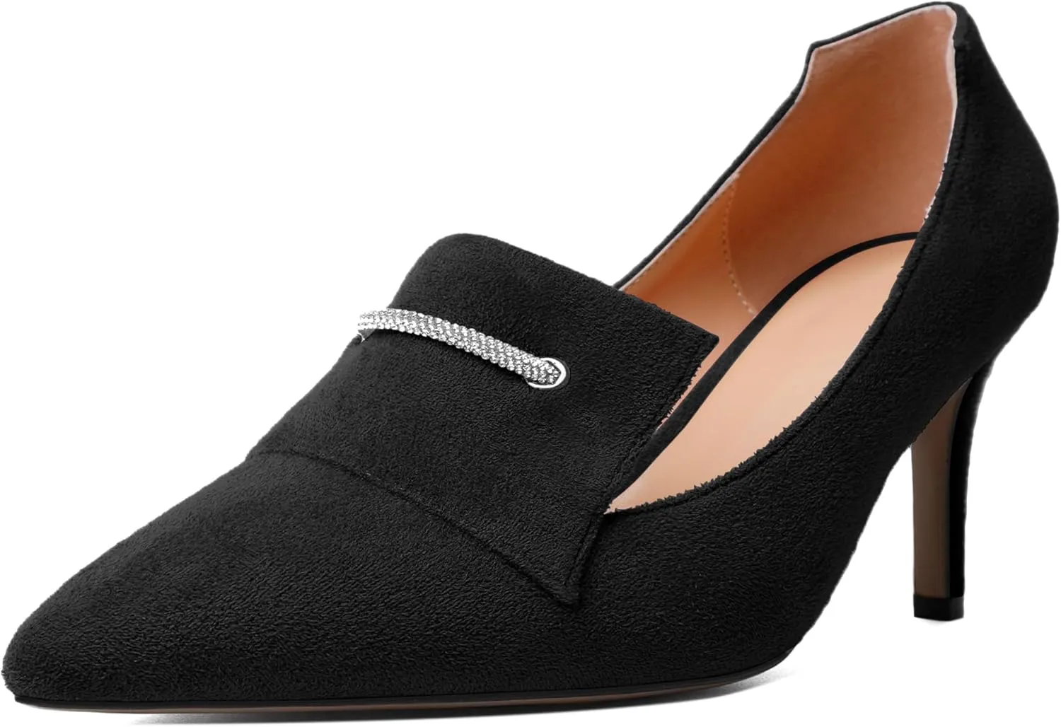 Esvowido Loafers for Women Closed Toe Kitten Heels Slip on Pumps Chain Trims with Rhinestone Comfortable Loafer Shoes 2.5 Inch