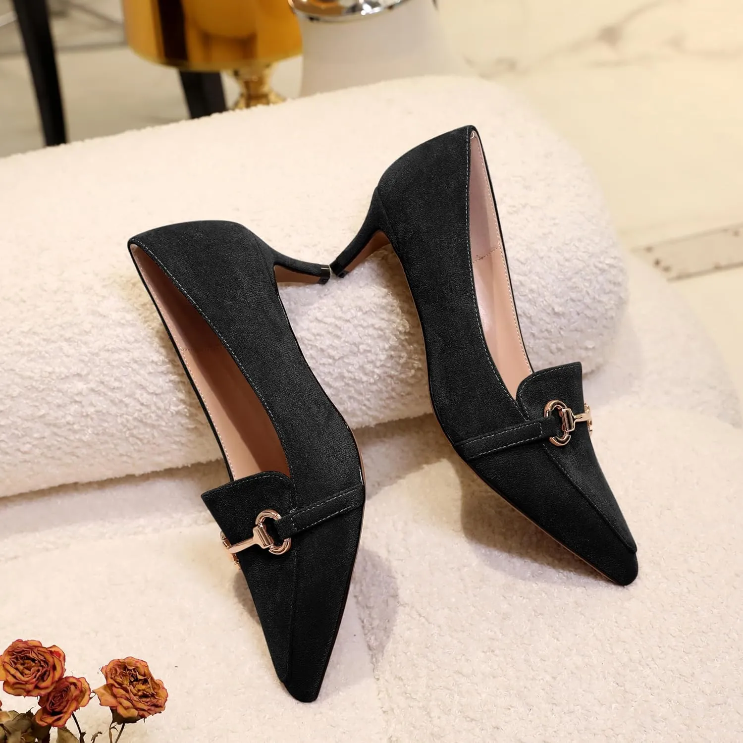 Esvowido Loafers for Women Closed Toe Kitten Heels Slip on Pumps with Chain Trims Comfortable Suede Loafer Shoes 2 Inch