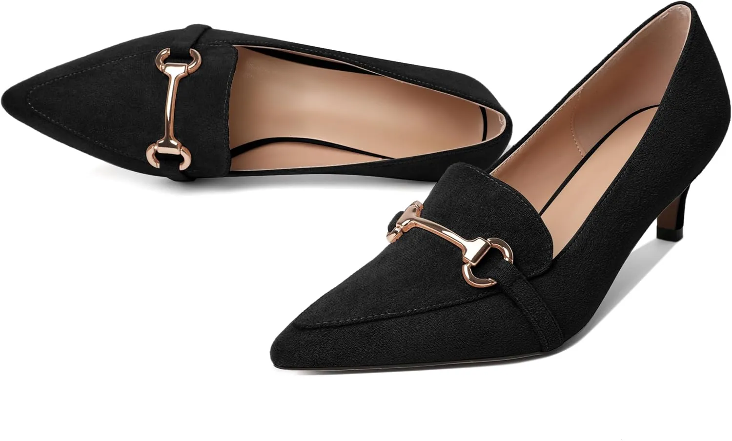 Esvowido Loafers for Women Closed Toe Kitten Heels Slip on Pumps with Chain Trims Comfortable Suede Loafer Shoes 2 Inch