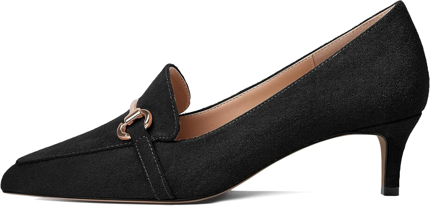 Esvowido Loafers for Women Closed Toe Kitten Heels Slip on Pumps with Chain Trims Comfortable Suede Loafer Shoes 2 Inch