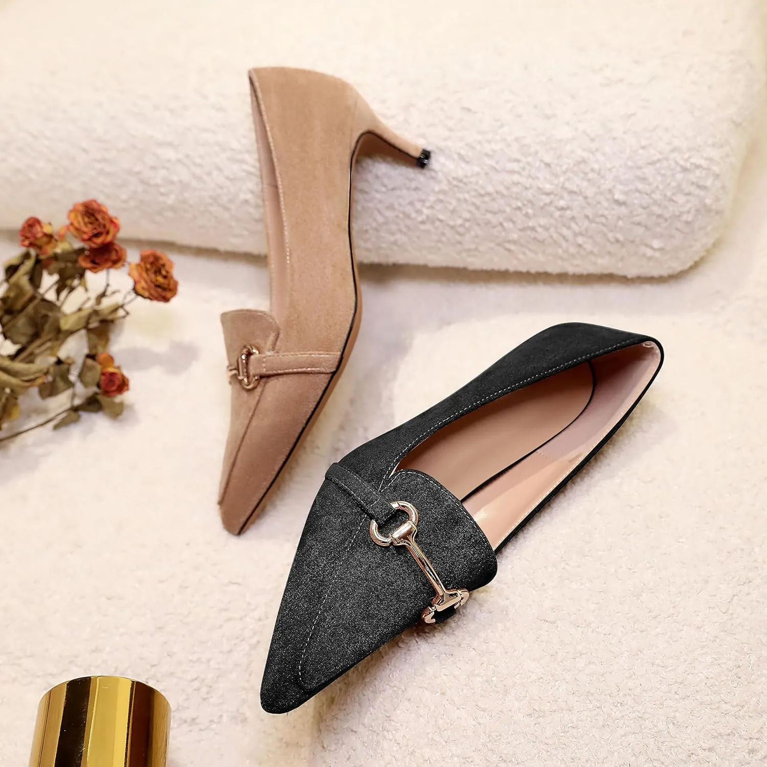 Esvowido Loafers for Women Closed Toe Kitten Heels Slip on Pumps with Chain Trims Comfortable Suede Loafer Shoes 2 Inch