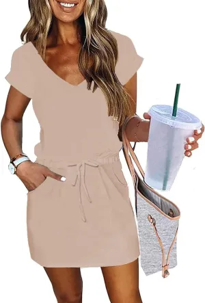 ETCYY NEW Womens Summer Dress Lantern Sleeve Square Neck Tie Front A-Line Double Layer Hem Mini Dresses