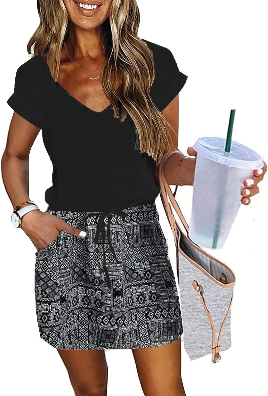 ETCYY NEW Womens Summer Dress Lantern Sleeve Square Neck Tie Front A-Line Double Layer Hem Mini Dresses