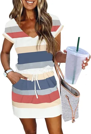 ETCYY NEW Womens Summer Dress Lantern Sleeve Square Neck Tie Front A-Line Double Layer Hem Mini Dresses