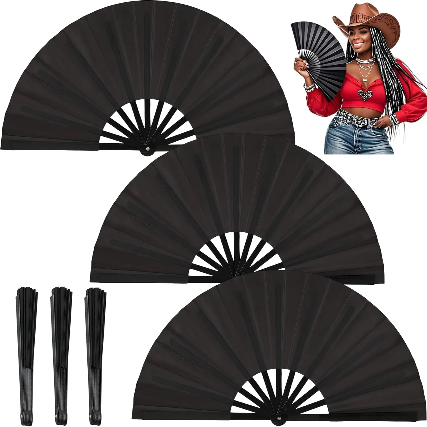 Fans for Line Dancing 3Pack Boots on The Ground Hand Fan Clack Clacking Large Folding Fans Big Handheld Clapping Snapping Cowboy Clacker Line Dance Popping Fan That Make Sounds pop (3pcs Black)