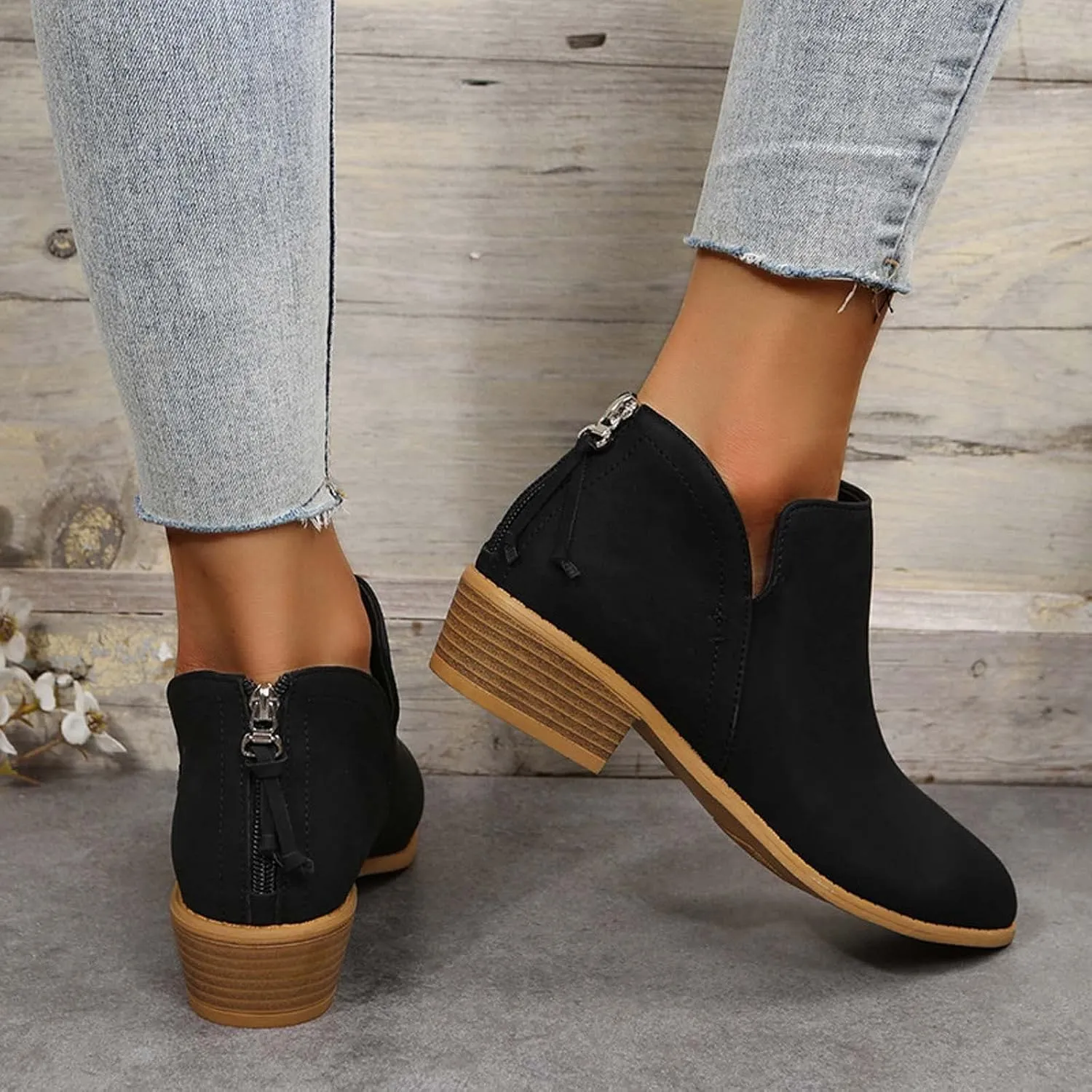 Fashion Boots for Women Chunky Heel Pointed Toe V Cutout Back Zipper Block Low Heel Ankle Booties Fall Solid Casual Comfy Outdoor Ladies Shoes