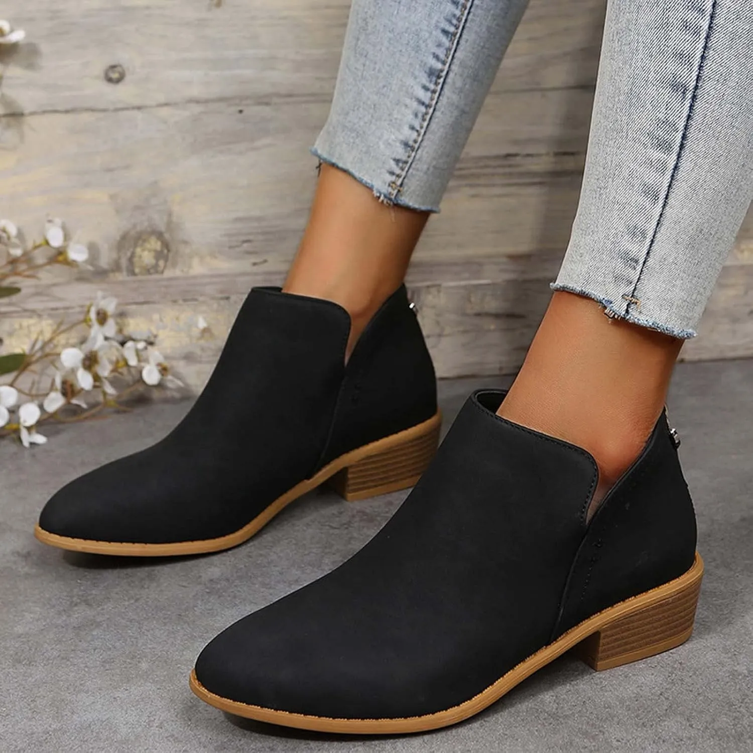 Fashion Boots for Women Chunky Heel Pointed Toe V Cutout Back Zipper Block Low Heel Ankle Booties Fall Solid Casual Comfy Outdoor Ladies Shoes