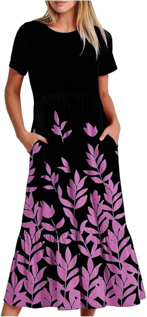 Fashion Summer Dress for Women Floral Printed Round Neck Pleated Casual Dresses Short Sleeve Pocket Vacation Dress