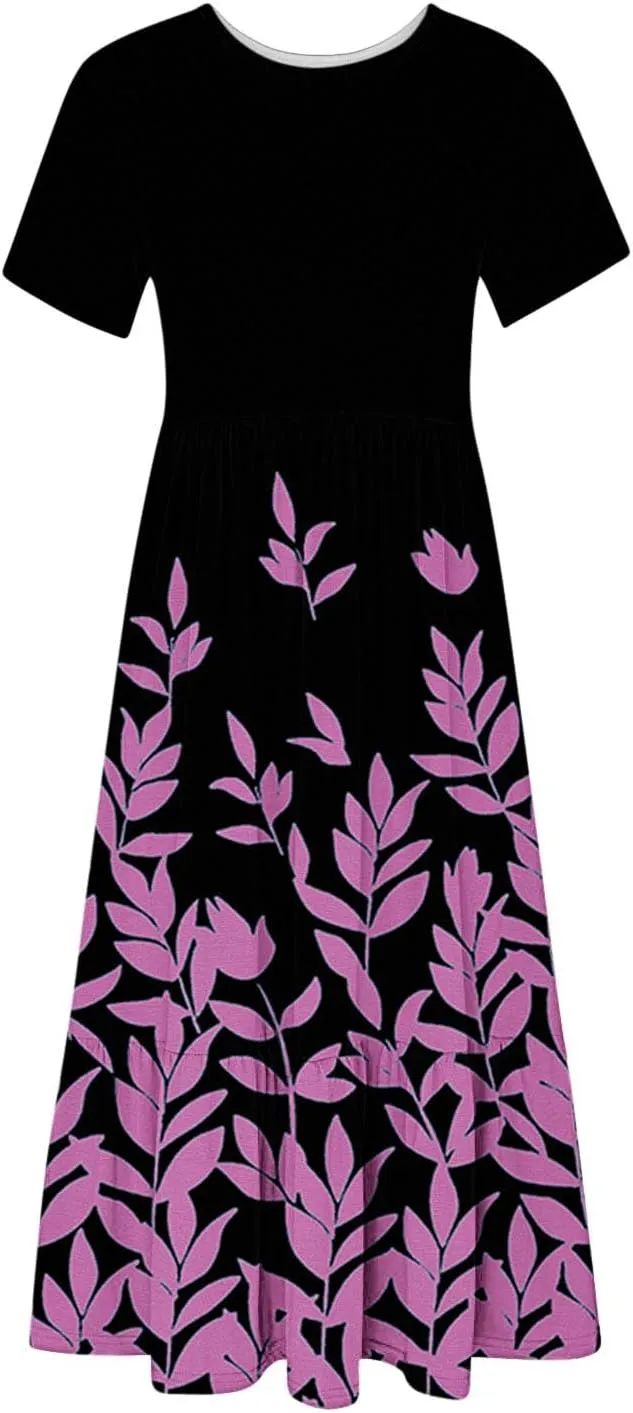 Fashion Summer Dress for Women Floral Printed Round Neck Pleated Casual Dresses Short Sleeve Pocket Vacation Dress