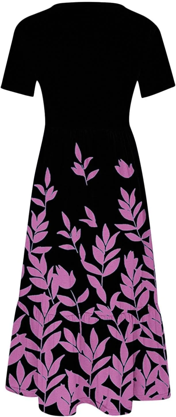 Fashion Summer Dress for Women Floral Printed Round Neck Pleated Casual Dresses Short Sleeve Pocket Vacation Dress