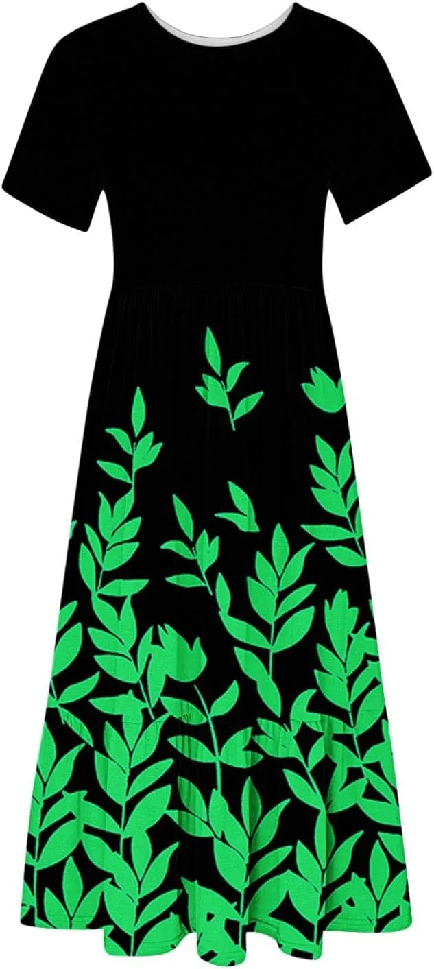 Fashion Summer Dress for Women Floral Printed Round Neck Pleated Casual Dresses Short Sleeve Pocket Vacation Dress