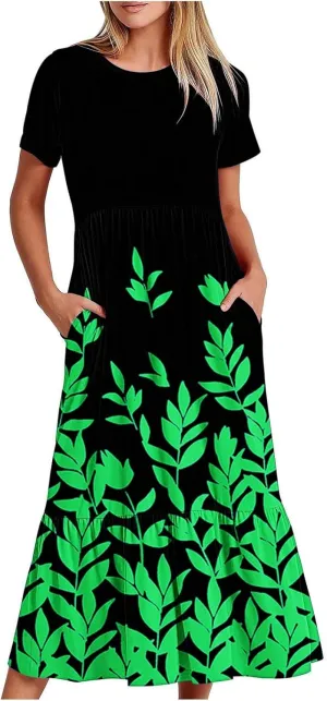 Fashion Summer Dress for Women Floral Printed Round Neck Pleated Casual Dresses Short Sleeve Pocket Vacation Dress