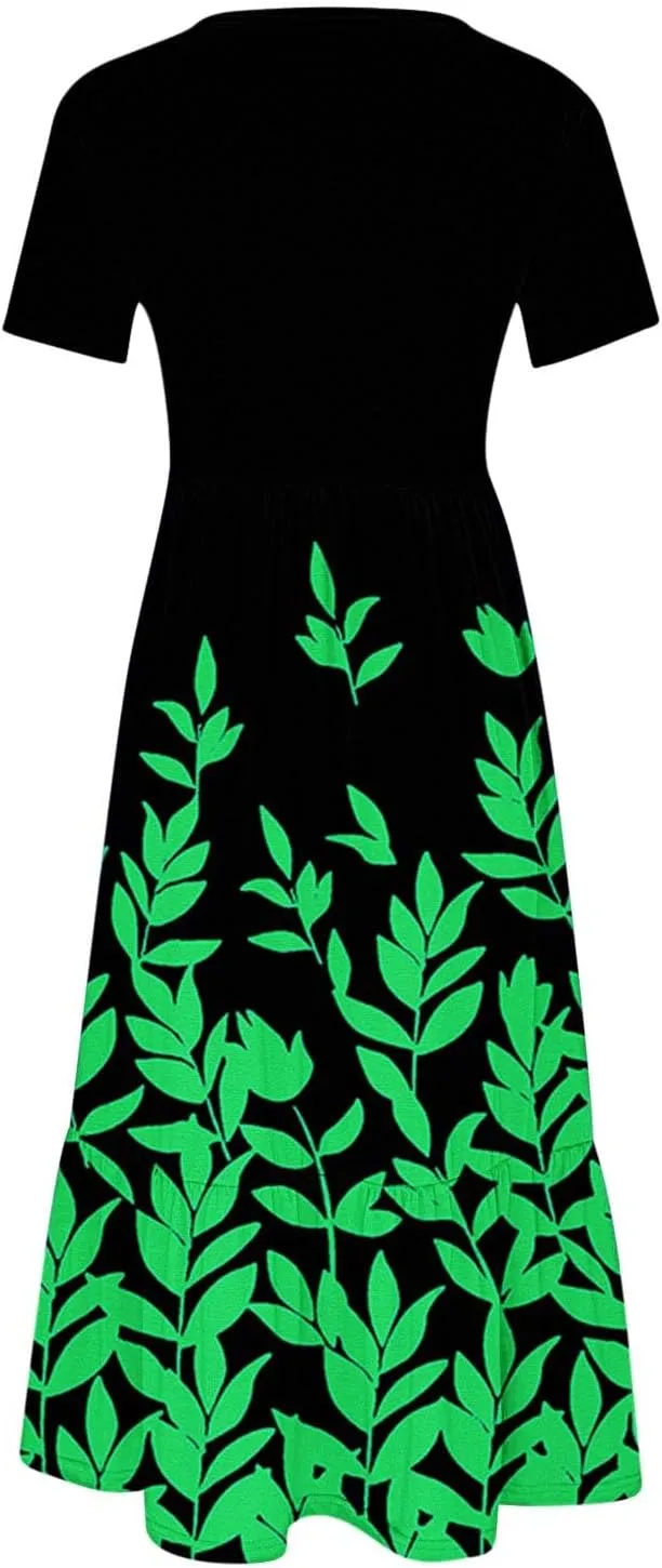Fashion Summer Dress for Women Floral Printed Round Neck Pleated Casual Dresses Short Sleeve Pocket Vacation Dress