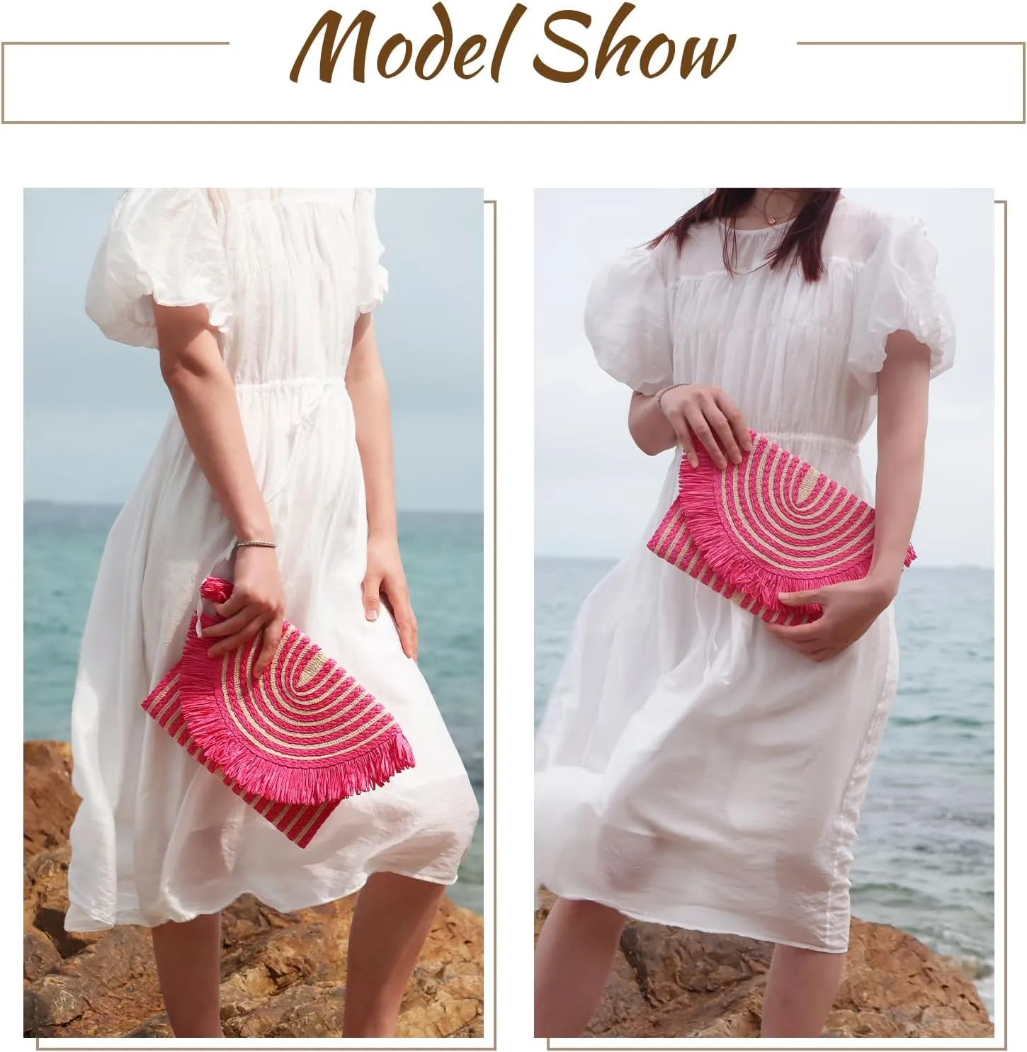 Fecialy Women Fringe Straw Clutch Purses Envelope Summer Beach Bags Woven Clutch Handbags