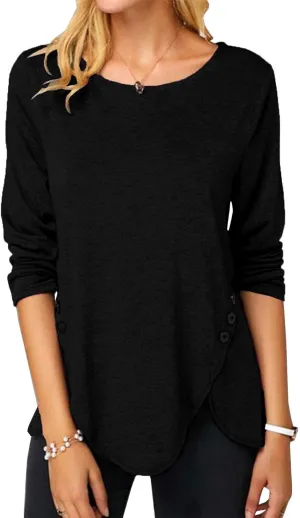 Fisoew Womens Casual Long Sleeve Tunic Tops Round Neck Shirt Button Side Basic Tees Wearring with Leggings 2024