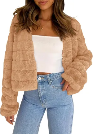 Fisoew Womens Cropped Faux Fur Jackets Long Sleeve Open Front Fluffy Short Coats