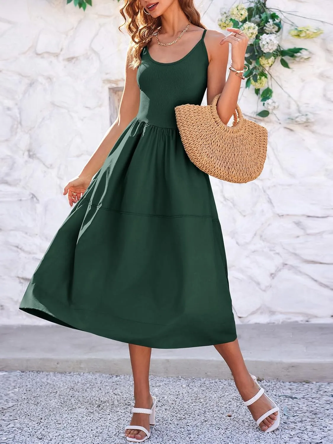 Fisoew Womens Spaghetti Strap Dress V Neck Backless Summer Casual A Line Cami Dress with Pocket
