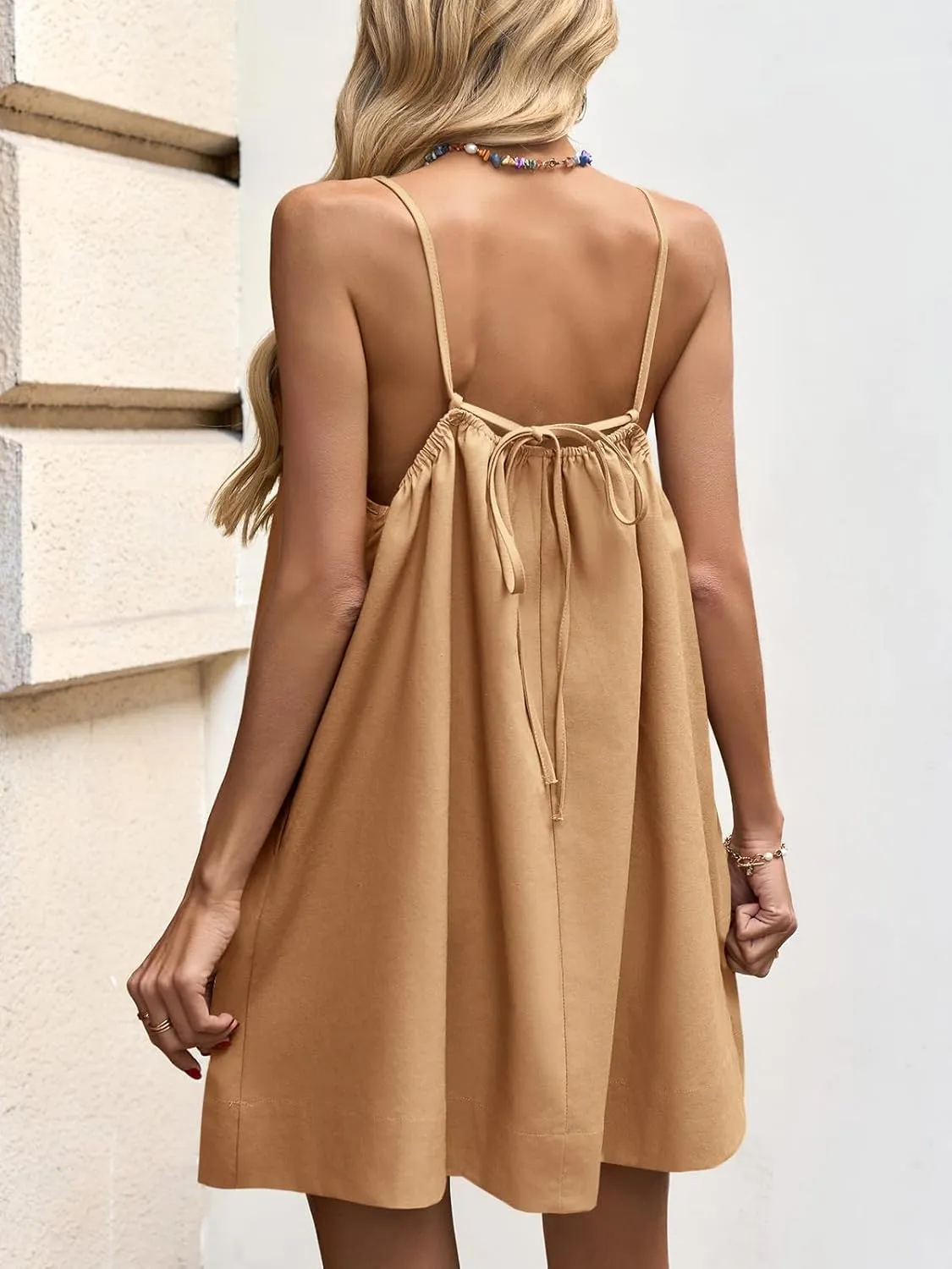 Fisoew Womens Spaghetti Strap Swimsuit Coverup Summer Linen Tie Backless Sleeveless Beach Cami Mini Dress with Pockets