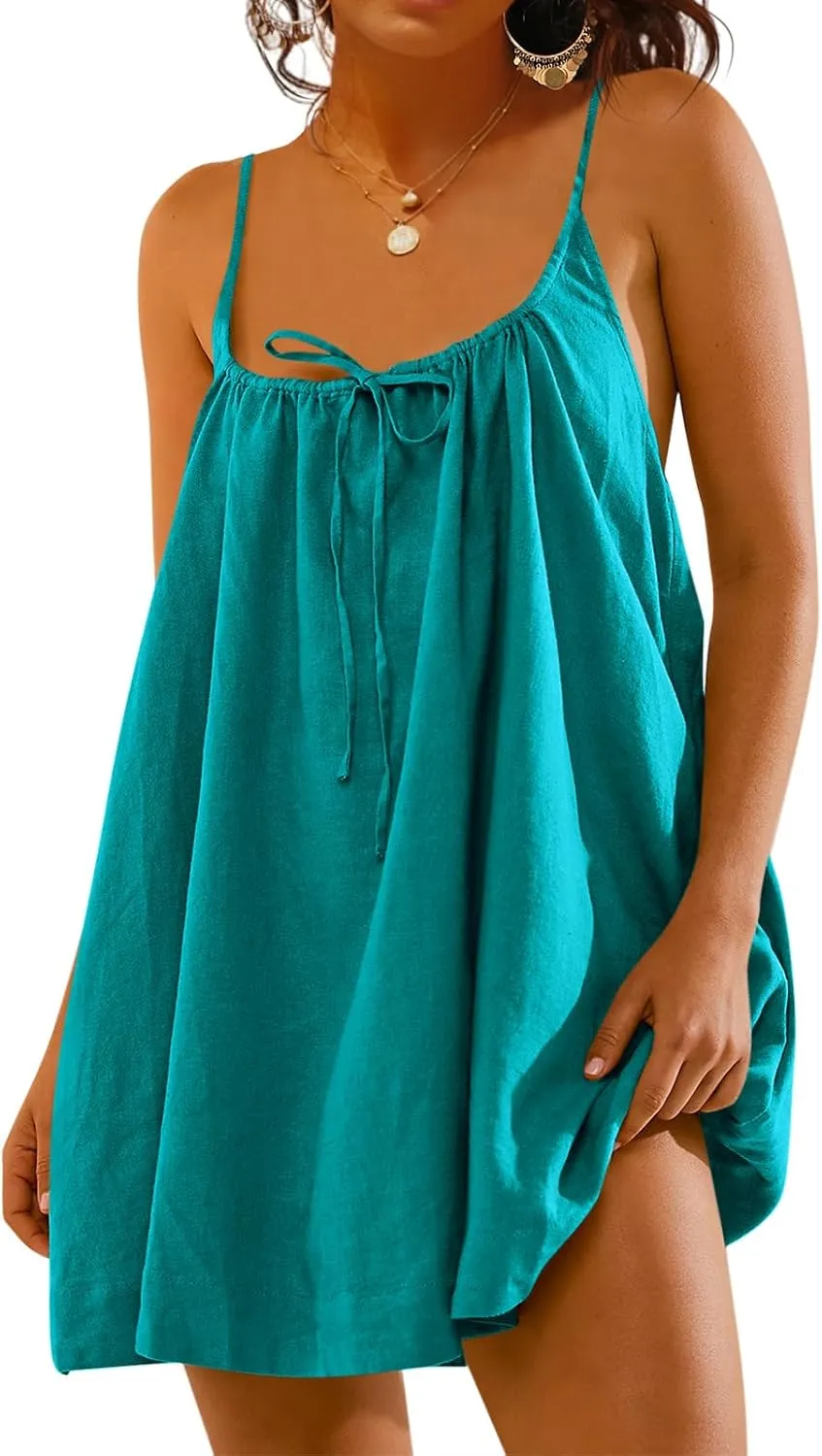 Fisoew Womens Spaghetti Strap Swimsuit Coverup Summer Linen Tie Backless Sleeveless Beach Cami Mini Dress with Pockets