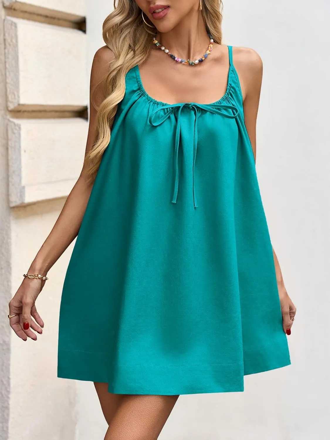 Fisoew Womens Spaghetti Strap Swimsuit Coverup Summer Linen Tie Backless Sleeveless Beach Cami Mini Dress with Pockets
